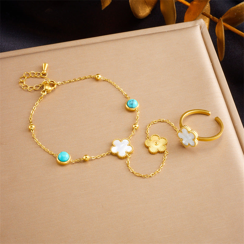 Fashion Niche Retro Stainless Steel Round Blue Turquoise Tree Of Life Flower Accessories Decorative Finger Bracelet