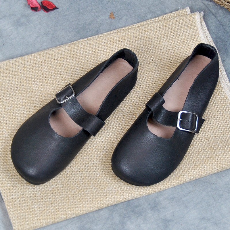 Handmade Women's Calf Leather Mary Jane Shoes Round Toe  Soft Sole Buckle Slip On Black/Beige/Faint Yellow