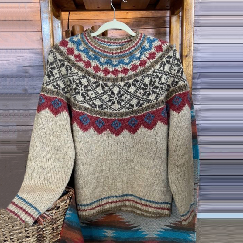 Vintage Icelandic Jacquard Knitted Pattern Cozy Sweater