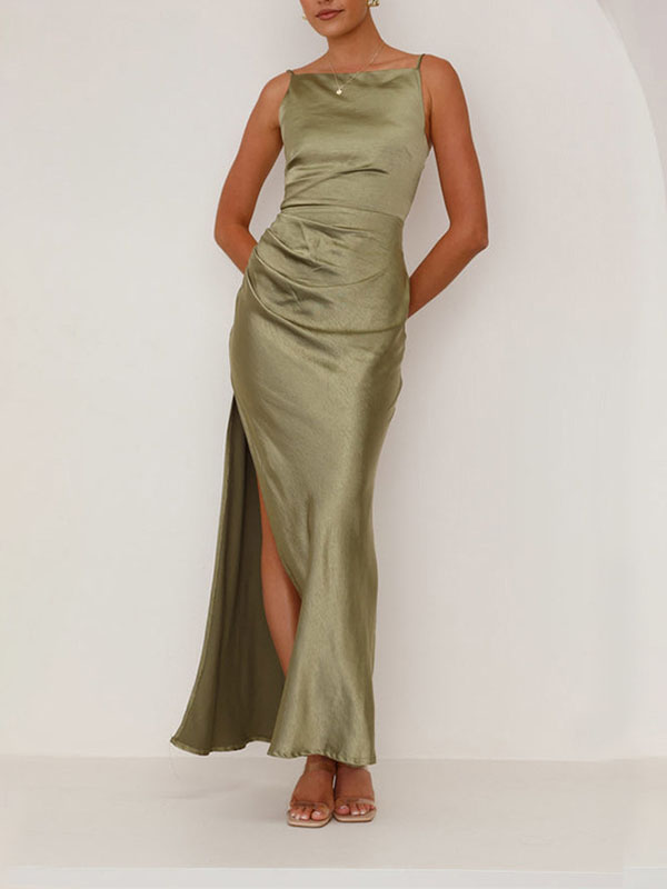 Sleeveless Pleated Solid Color Split-Joint Split-Side Spaghetti-Neck Midi Dresses