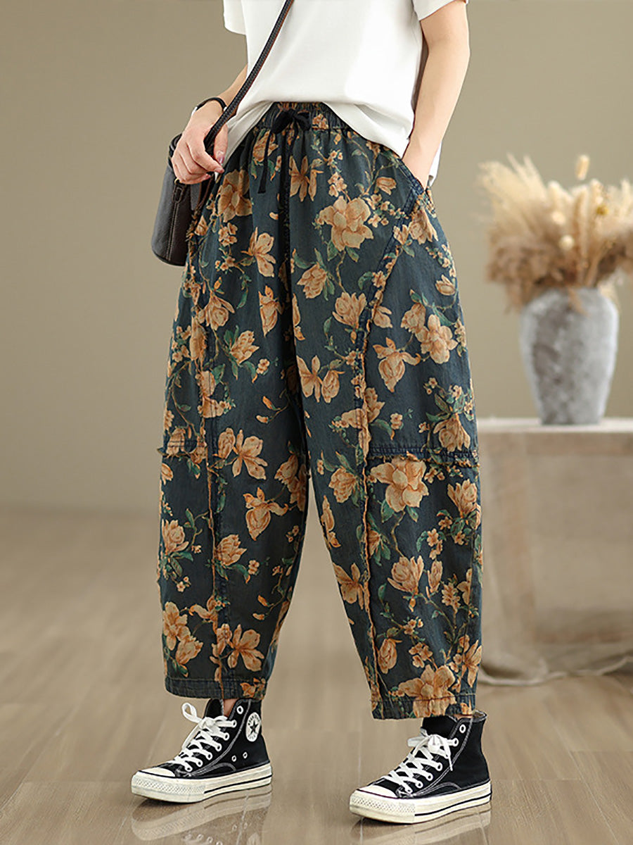 Women Retro Flower Spliced Denim Harem Pants