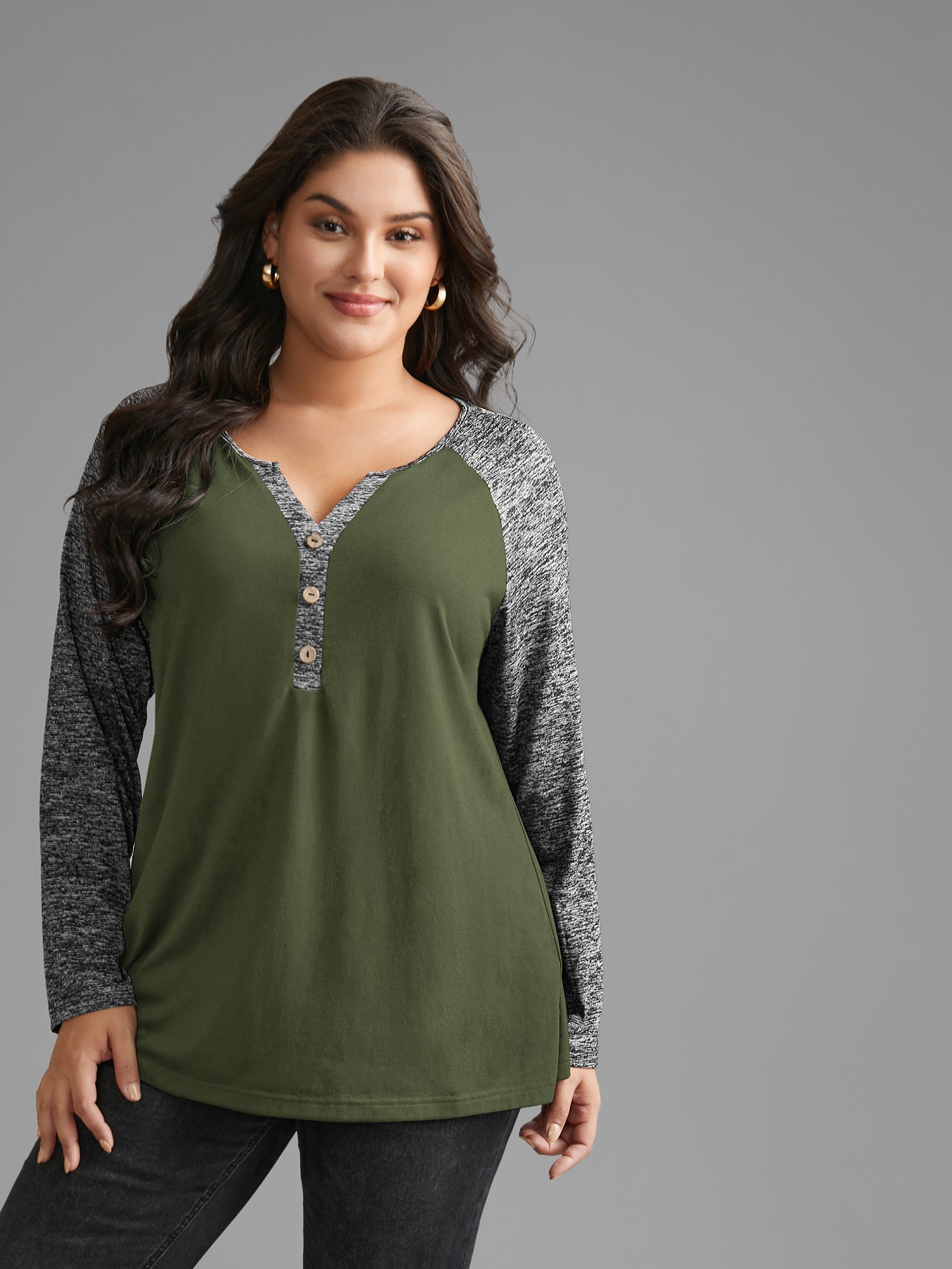 Heather Patchwork Button Detail Stretchy T-Shirt
