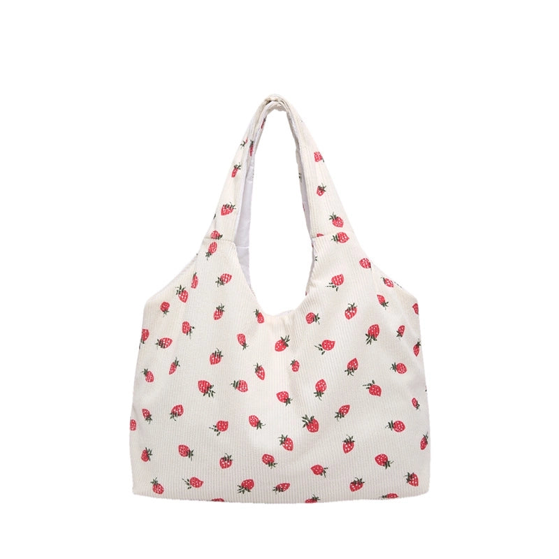 Women's Medium Canvas Flower Strawberry Basic Classic Style Zipper Tote Bag