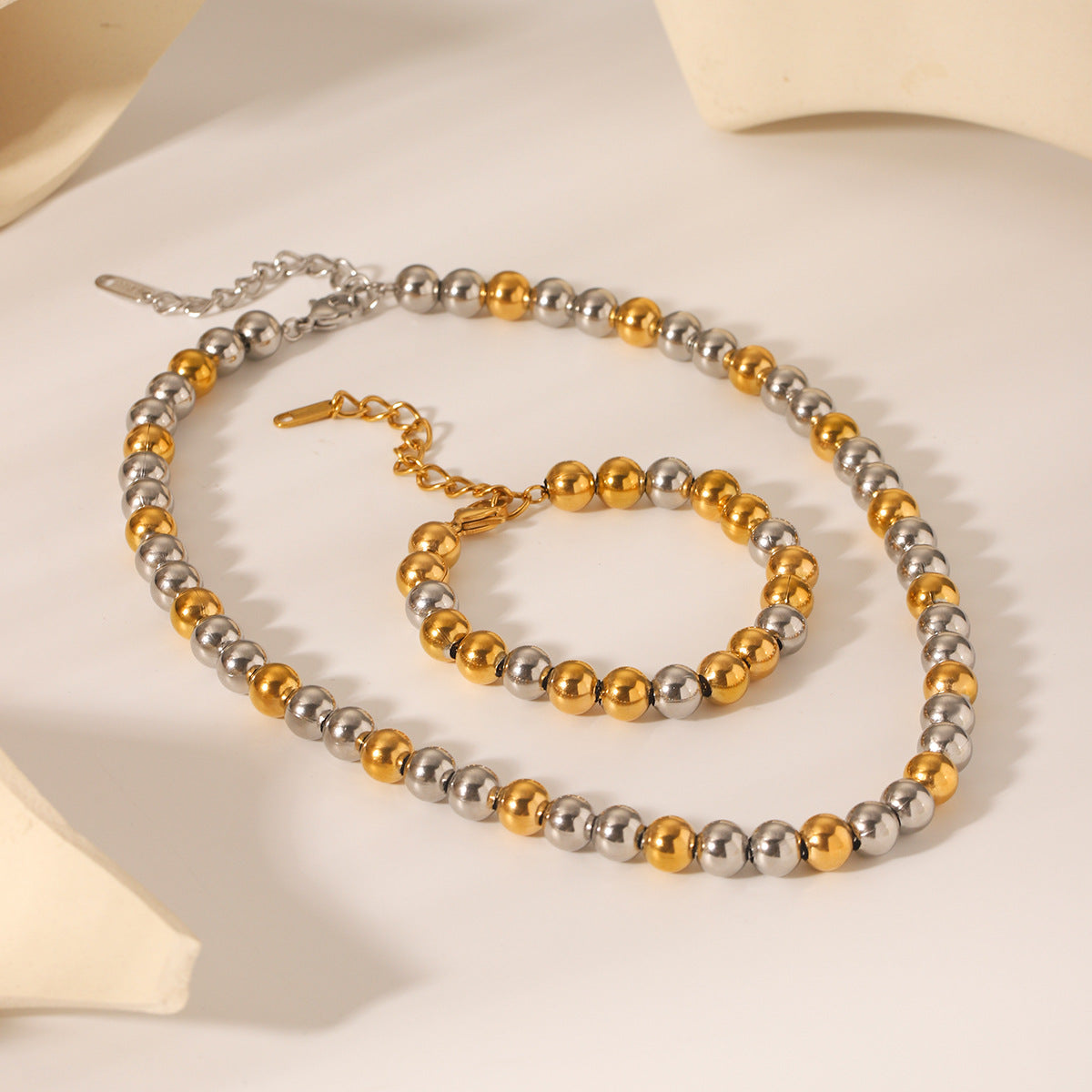 Contrast Color Round Bead Chain Stainless Steel Necklace Bracelet Women'S Titanium Steel Clavicle Chain Color Matching Necklace Bracelet