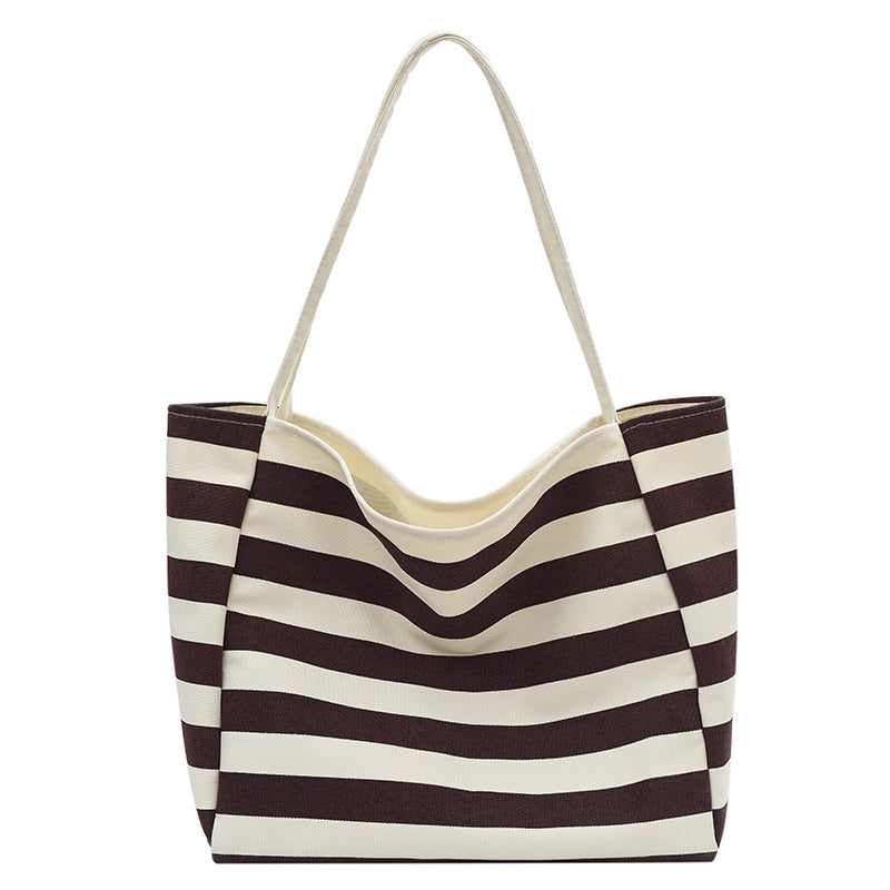 Large Capacity Contrast Color Stripe Handbag Canvas New Fashionable Lazy Style Shoulder Bag Class Tote Bag