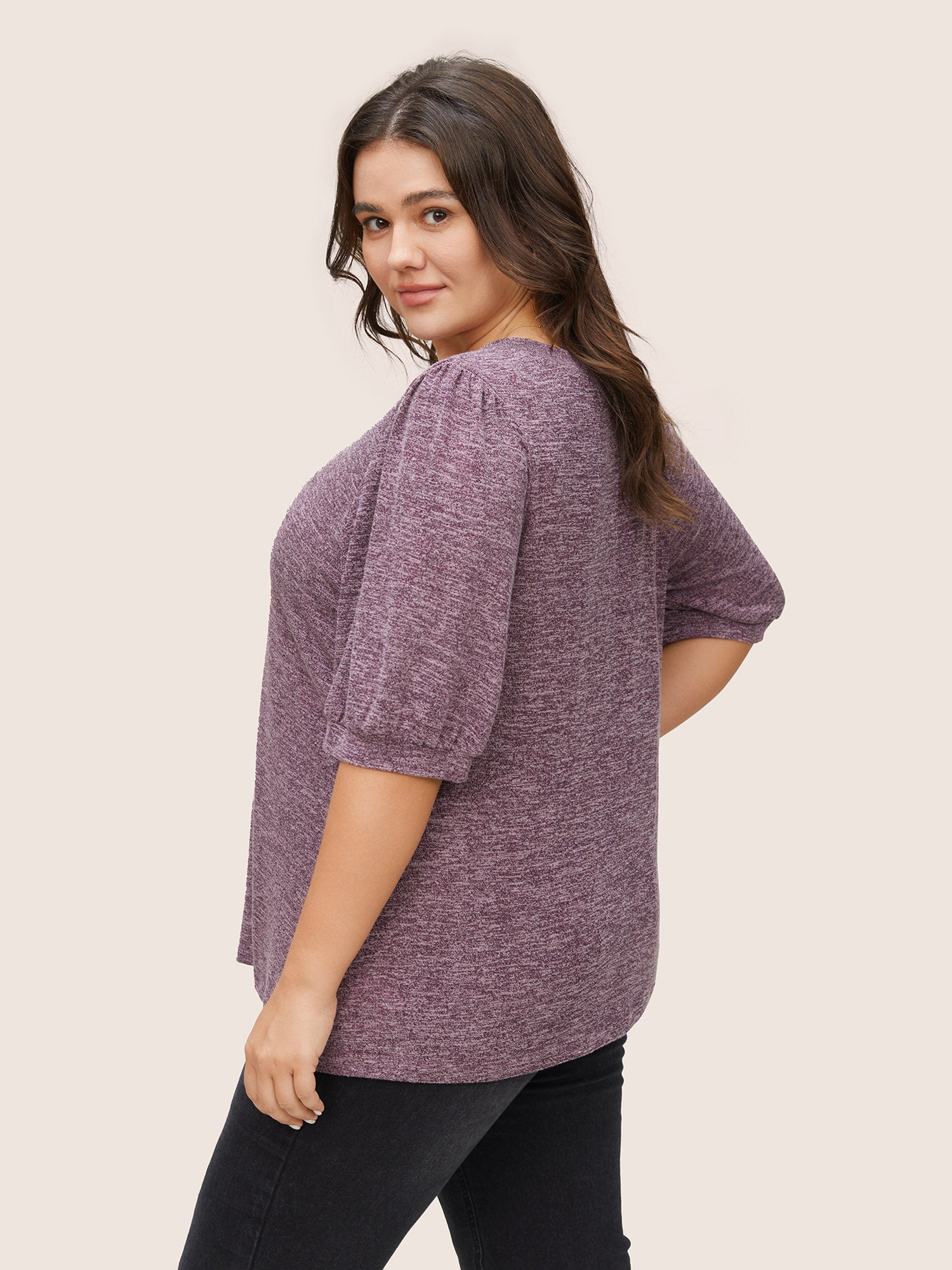 Heather Button Detail Puff Sleeve T-shirt
