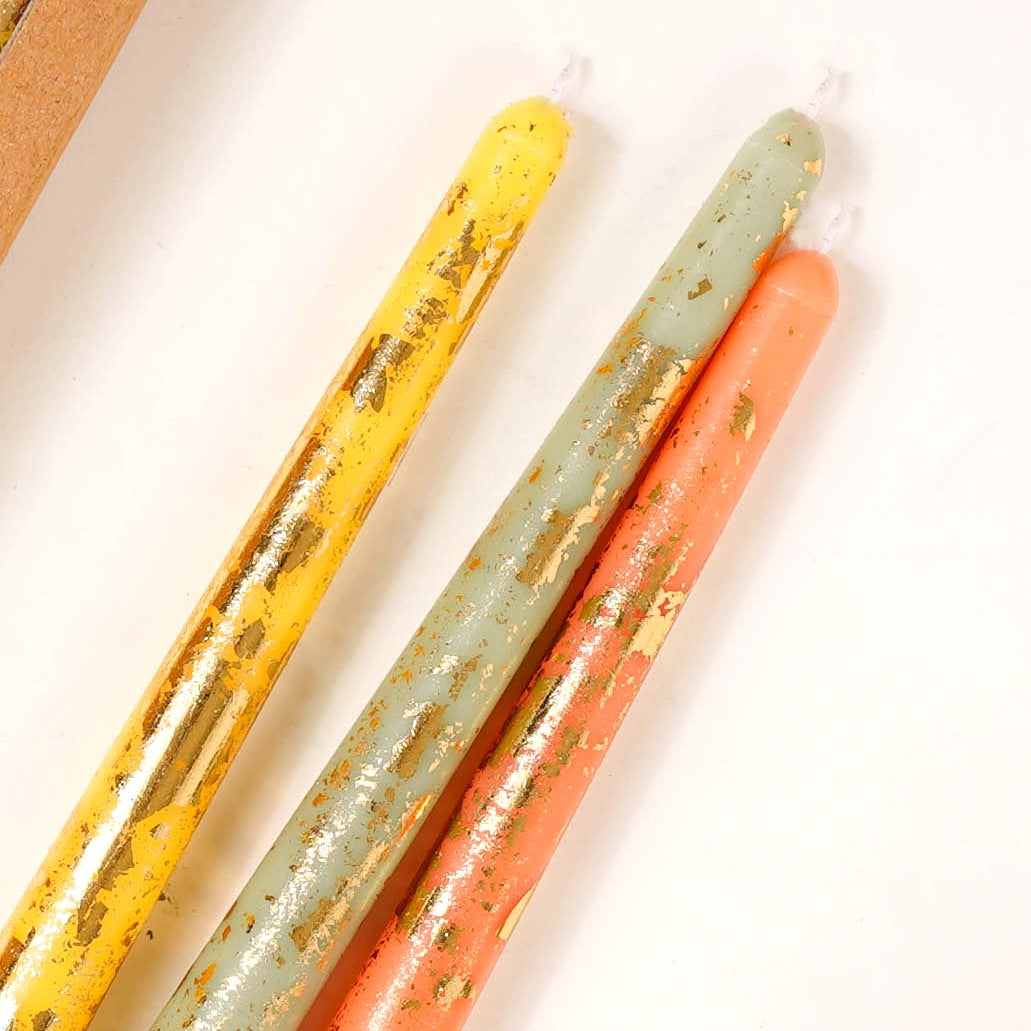 Set Of 6 Taper Candles With Gold Detailing Assorted Colours