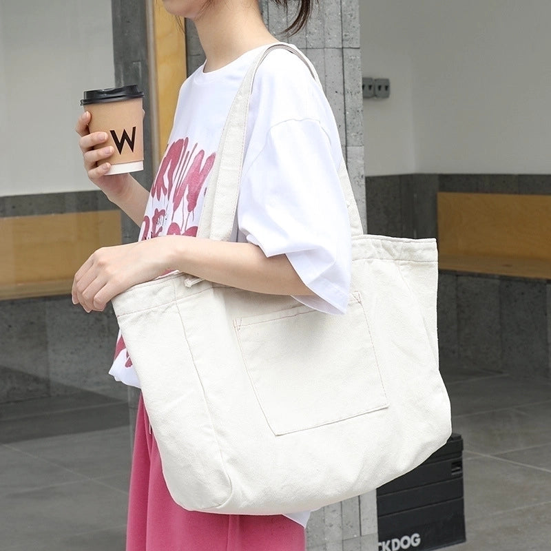 Women's Large Canvas Solid Color Basic Open Canvas Bag