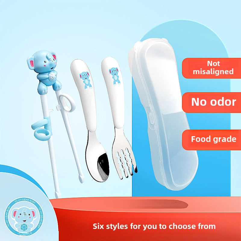 Portable Feeding Children's Tableware Set Cartoon Learning Chopsticks Training Chopsticks 304 Stainless Steel Spoon Fork