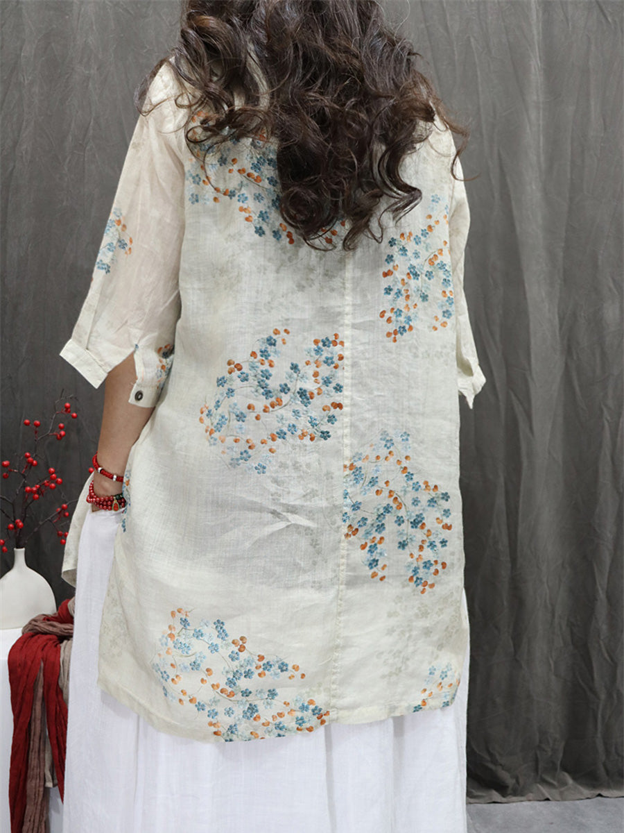 Women Summer Artsy Turn-down Collar Flower 100%Ramie Shirt