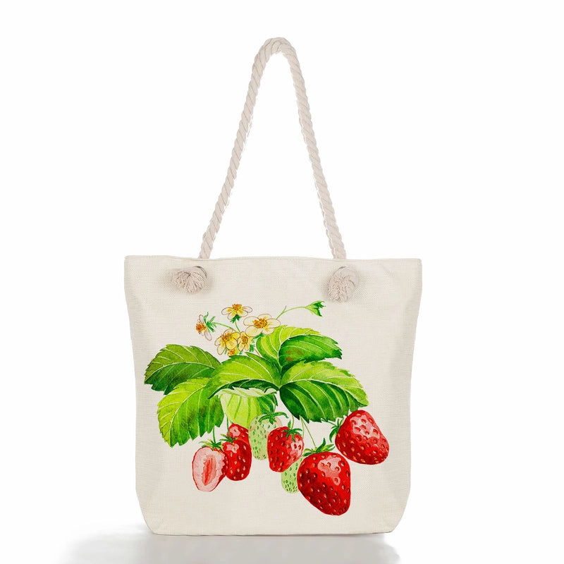 Women's Cotton And Linen Fruit Strawberry Cute Square Zipper Tote Bag