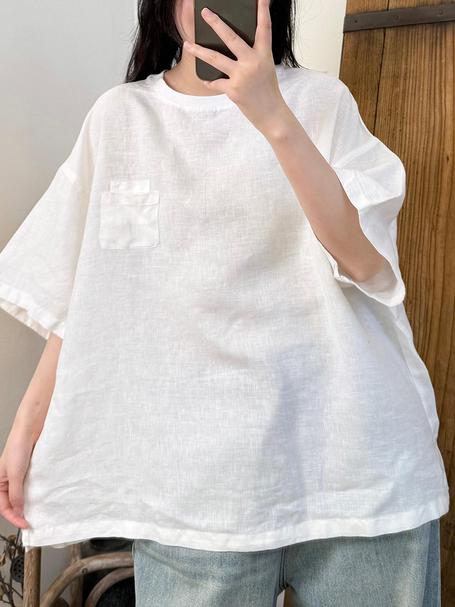 Women Summer Retro Pure Color O-Neck Linen Shirt