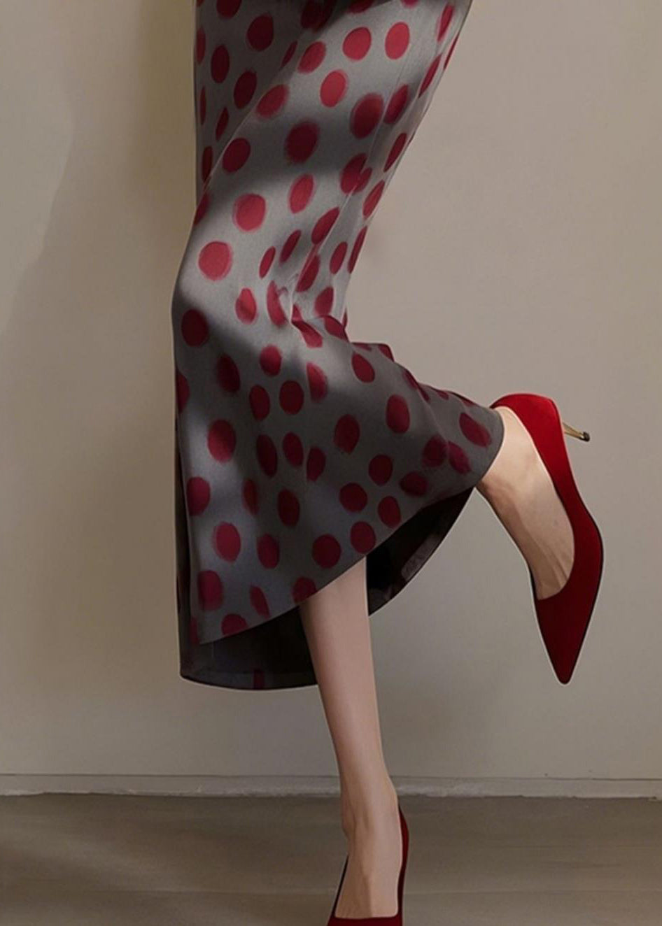 Vintage Dark Grey Dot Print High Waist Cotton Skirts Spring