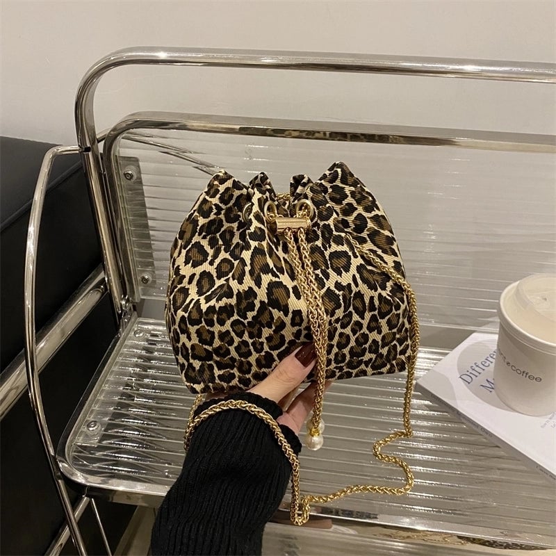 Women's Cloth Leopard Basic Vintage Style Bucket String Shoulder Bag Crossbody Bag