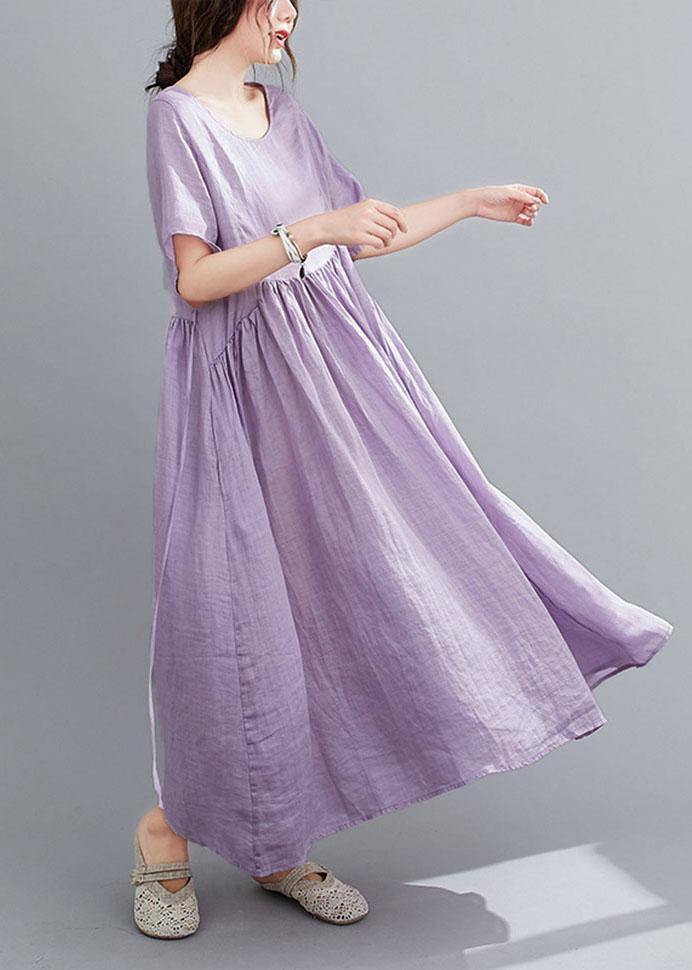 Natural Purple Pockets Short Sleeve Robe Cotton Linen Dresses