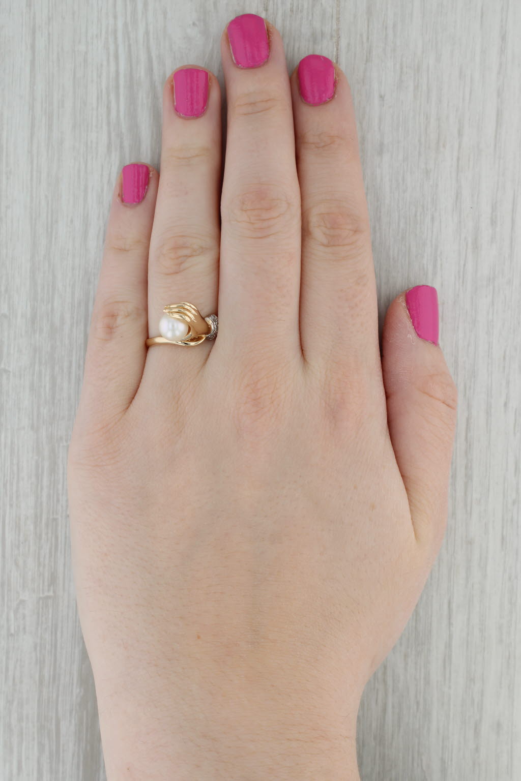 Hand Holding Cultured Pearl Diamond Ring 14k Yellow Gold Size 8.25