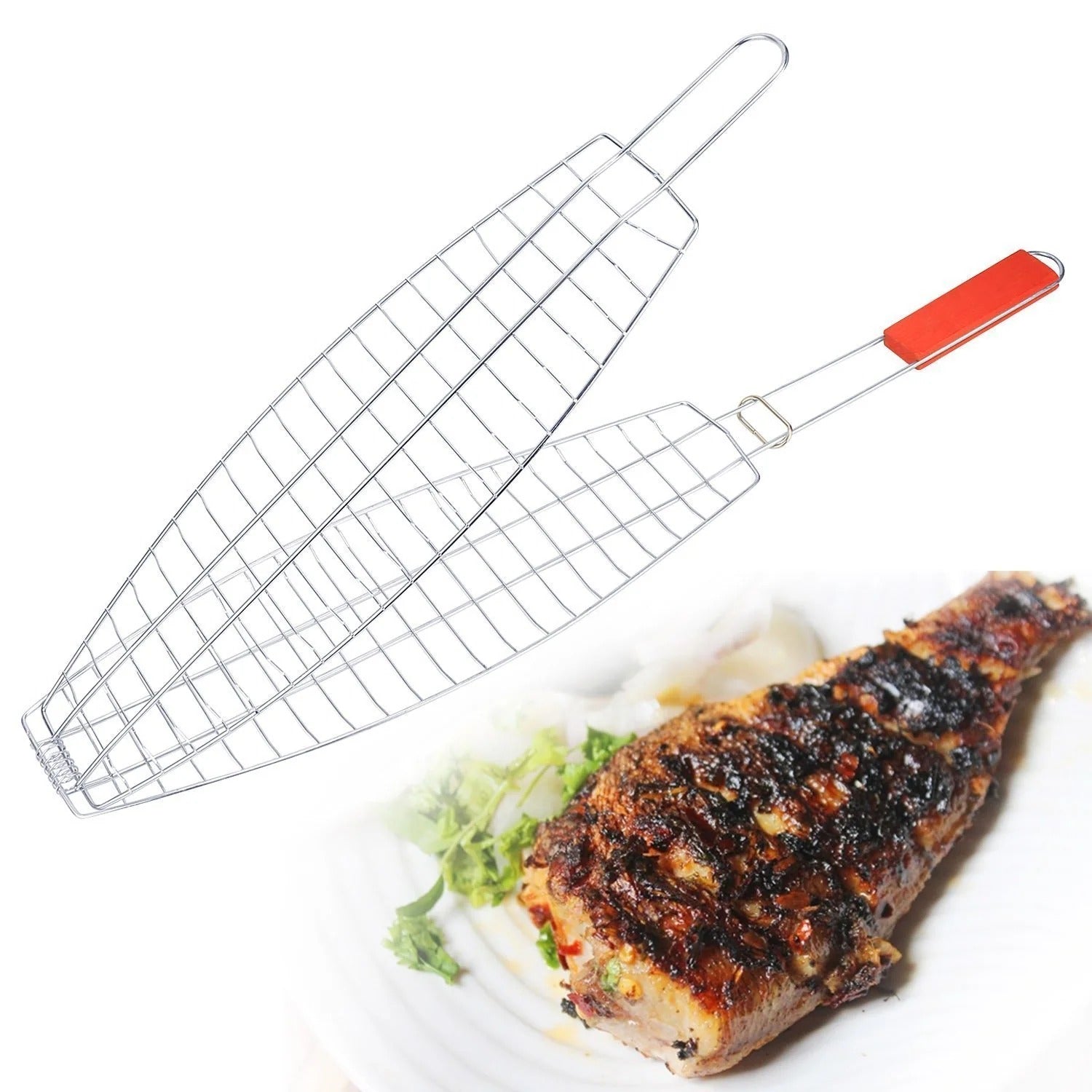 BARBEQUE FISH GRILL WITH WOODEN HANDLE