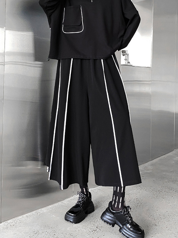 Vintage Loose Wide Leg Contrast Color Striped Elasticity Split-Joint Casual Pants Bottoms