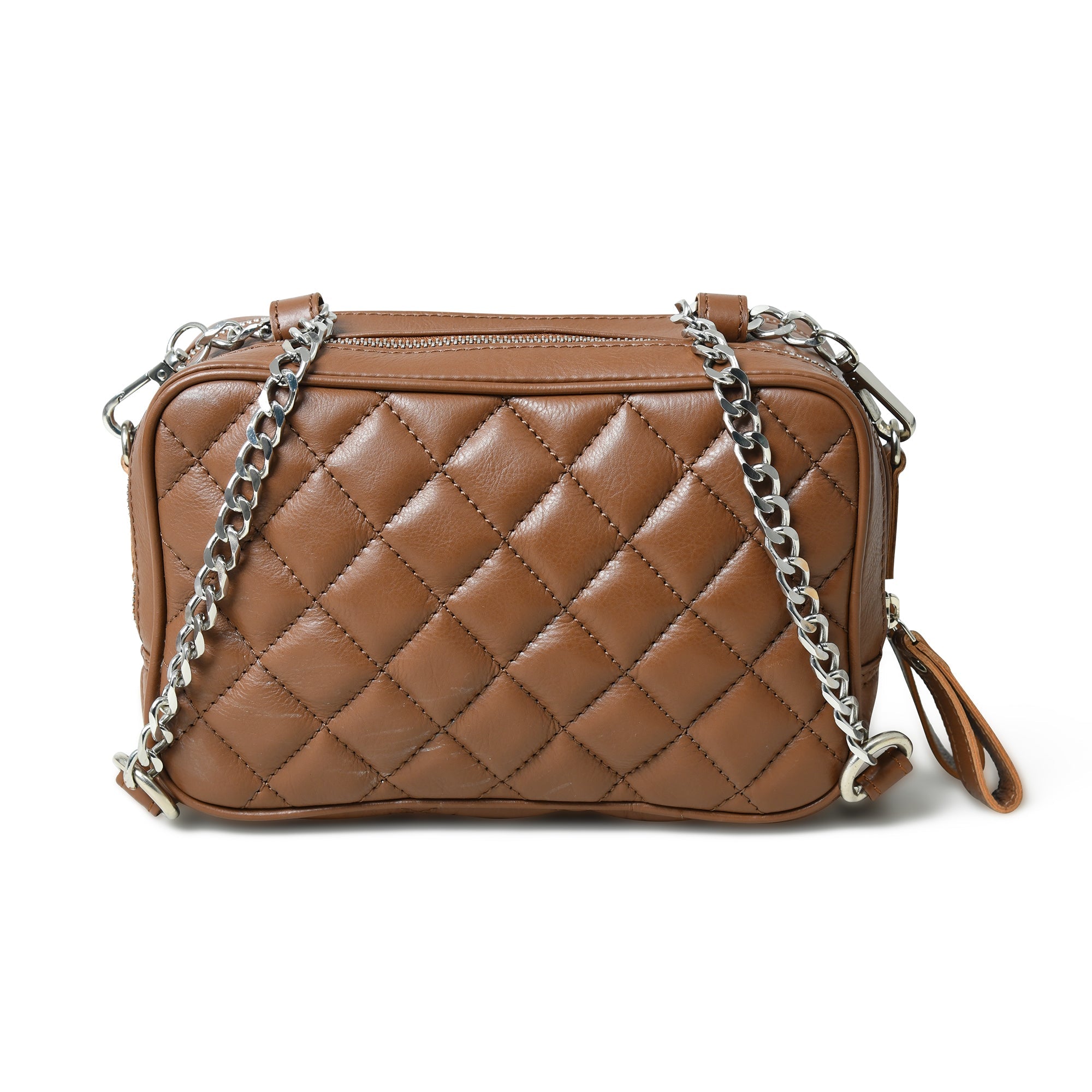 Stylish Mini Quilted Crossbody Bag. Rich Brown