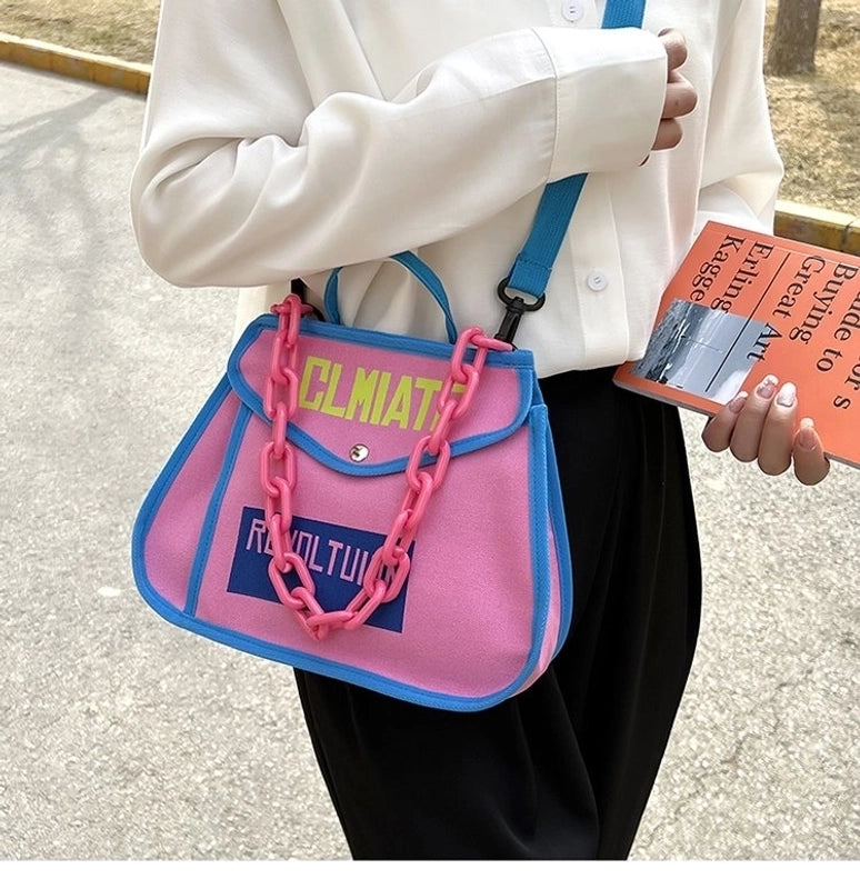 Women's Canvas Color Block Fashion Magnetic Buckle Shoulder Bag Crossbody Bag
