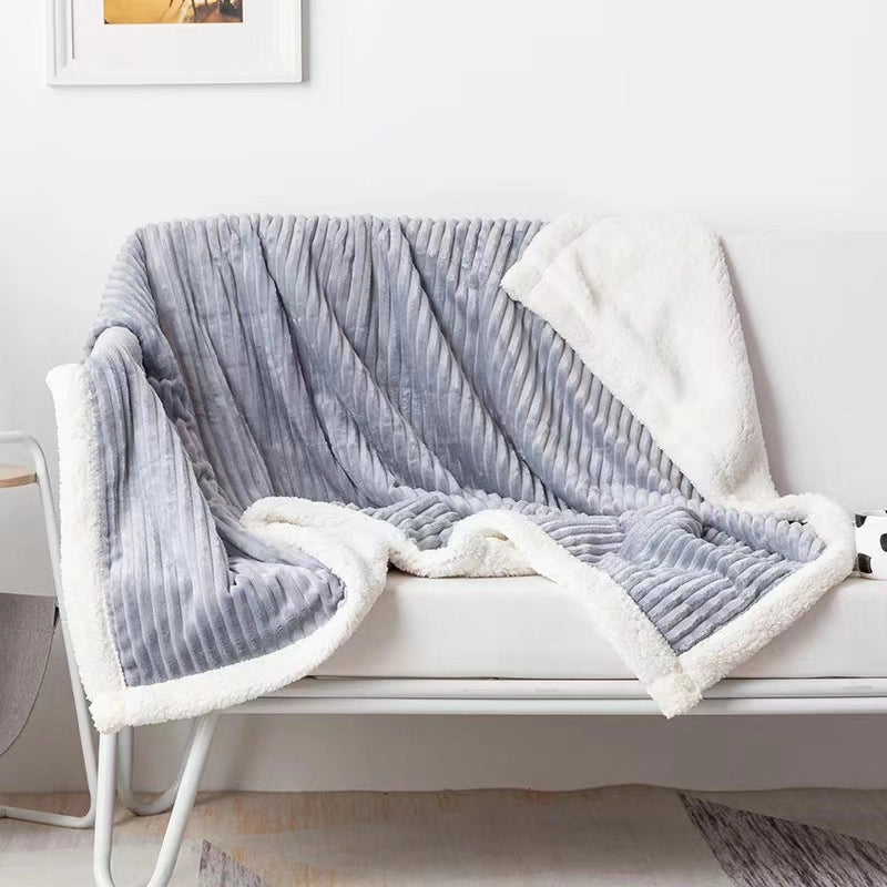 Plain Double Layer Lambskin Blanket Summer Flannel Blanket Striped Pattern Sofa Blanket Casual Nap Air-conditioning Blanket