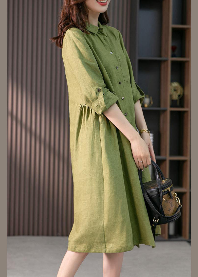 Casual Pink Peter Pan Collar Button Wrinkled Cotton Maxi Dresses Long Sleeve Fall