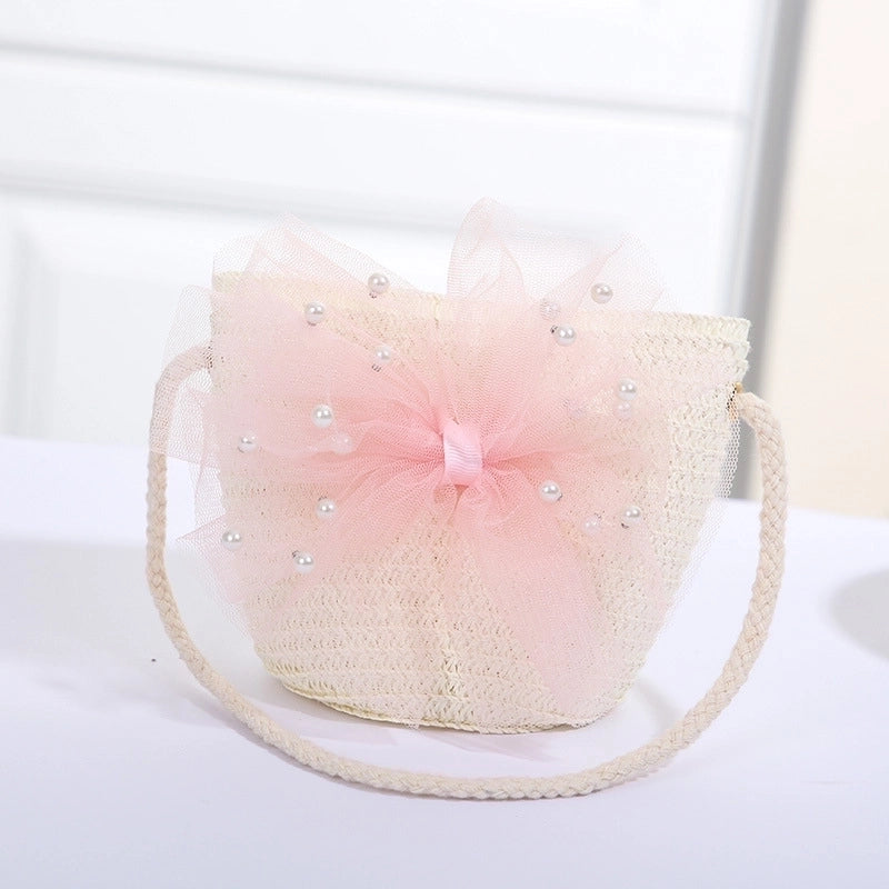Women's Mini Straw Flower Bow Knot Fashion Bucket Zipper Shoulder Bag Handbag Crossbody Bag