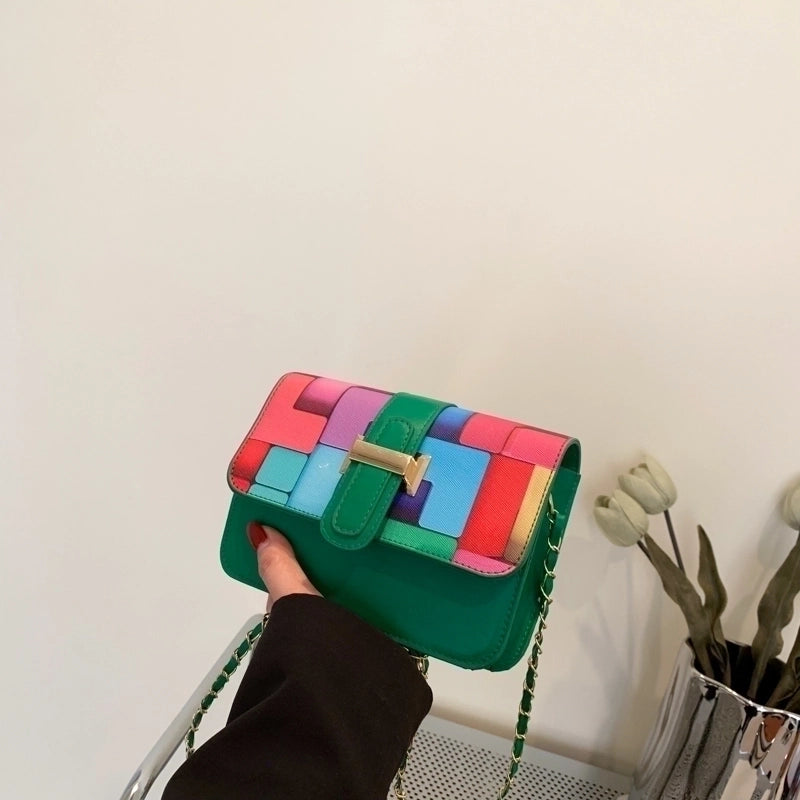 Women's Pu Leather Color Block Fashion Square Flip Cover Shoulder Bag Crossbody Bag