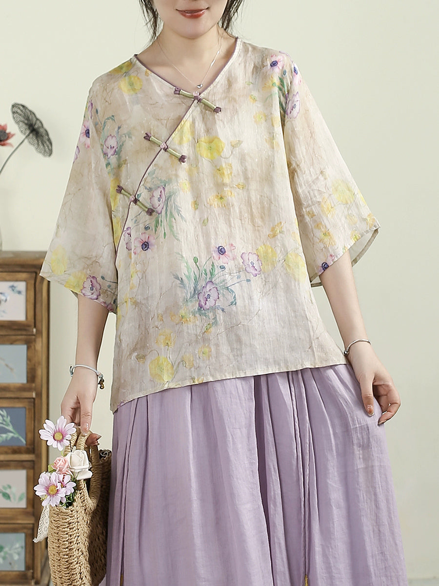 Women Summer Ethnic Flower V-Neck 100%Ramie Shirt