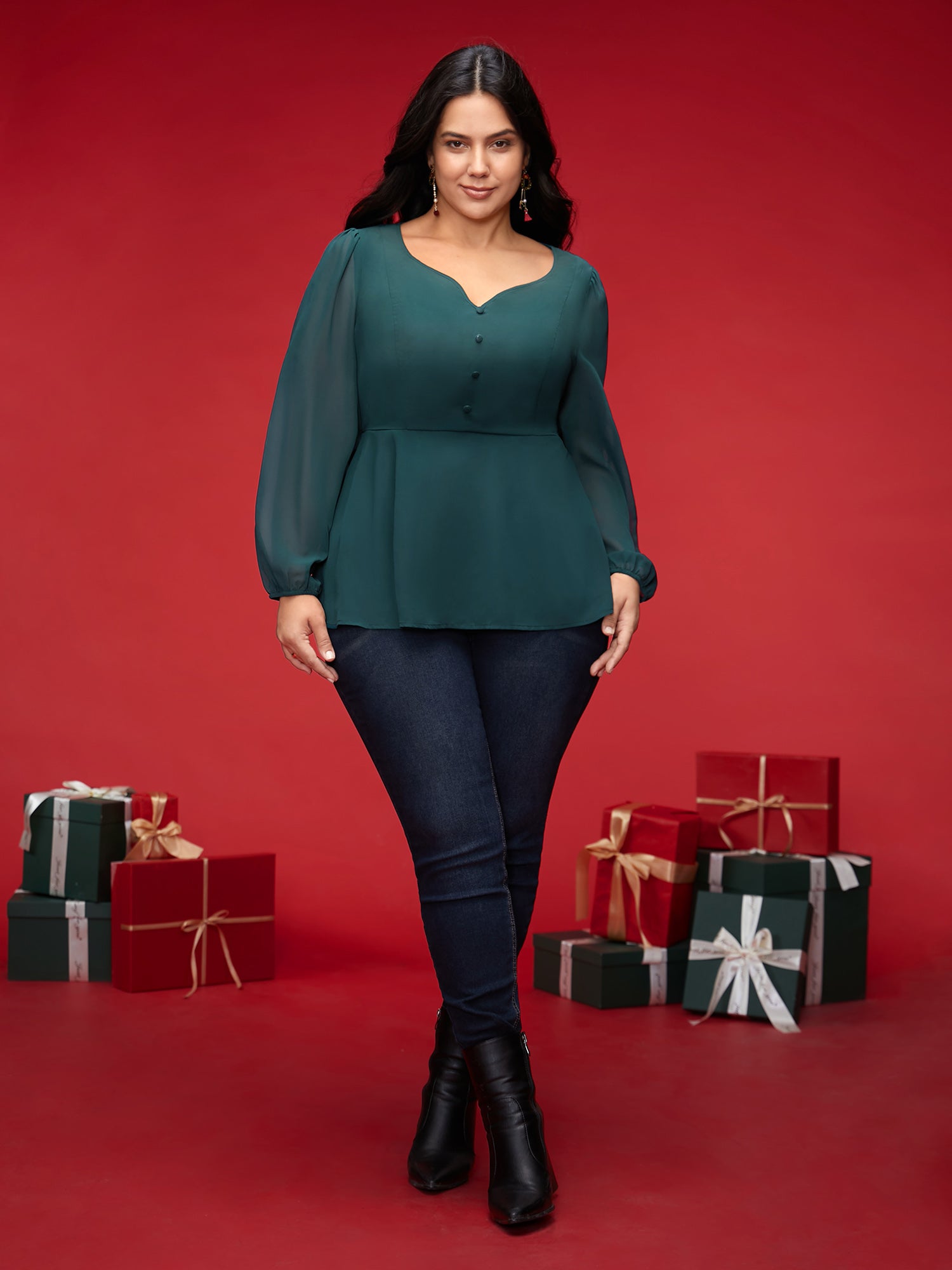 Puff Sleeves Front Placket Chiffon Blouse