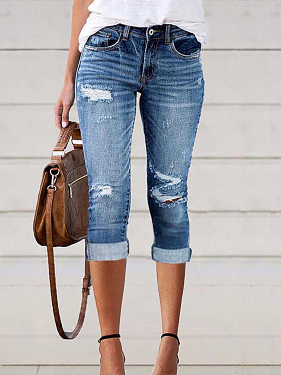 Fashion Hole Stretch Denim Cropped Pants