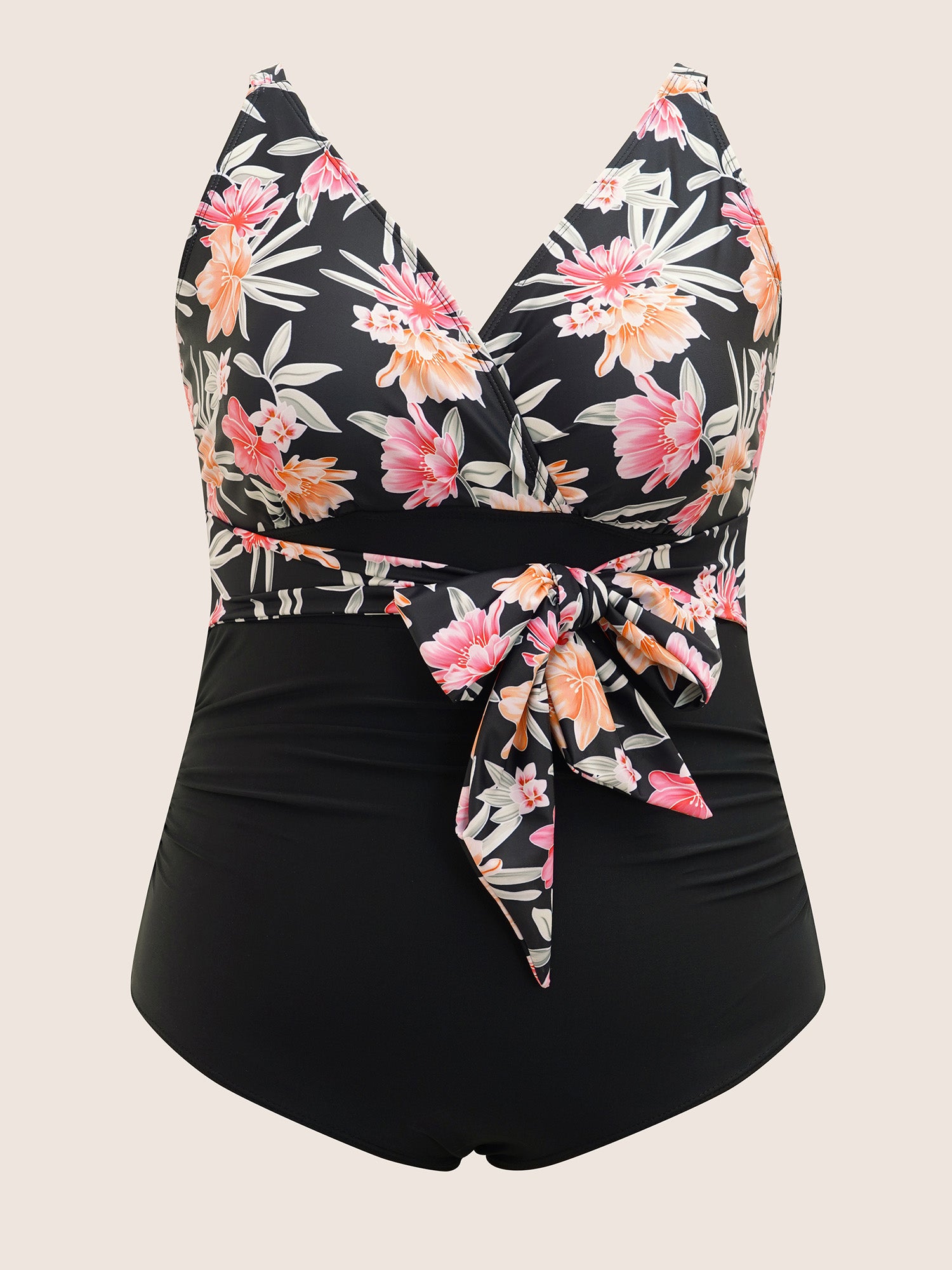 Overlap Collar Floral Patchwork Tie Knot One Piece Swimsuit