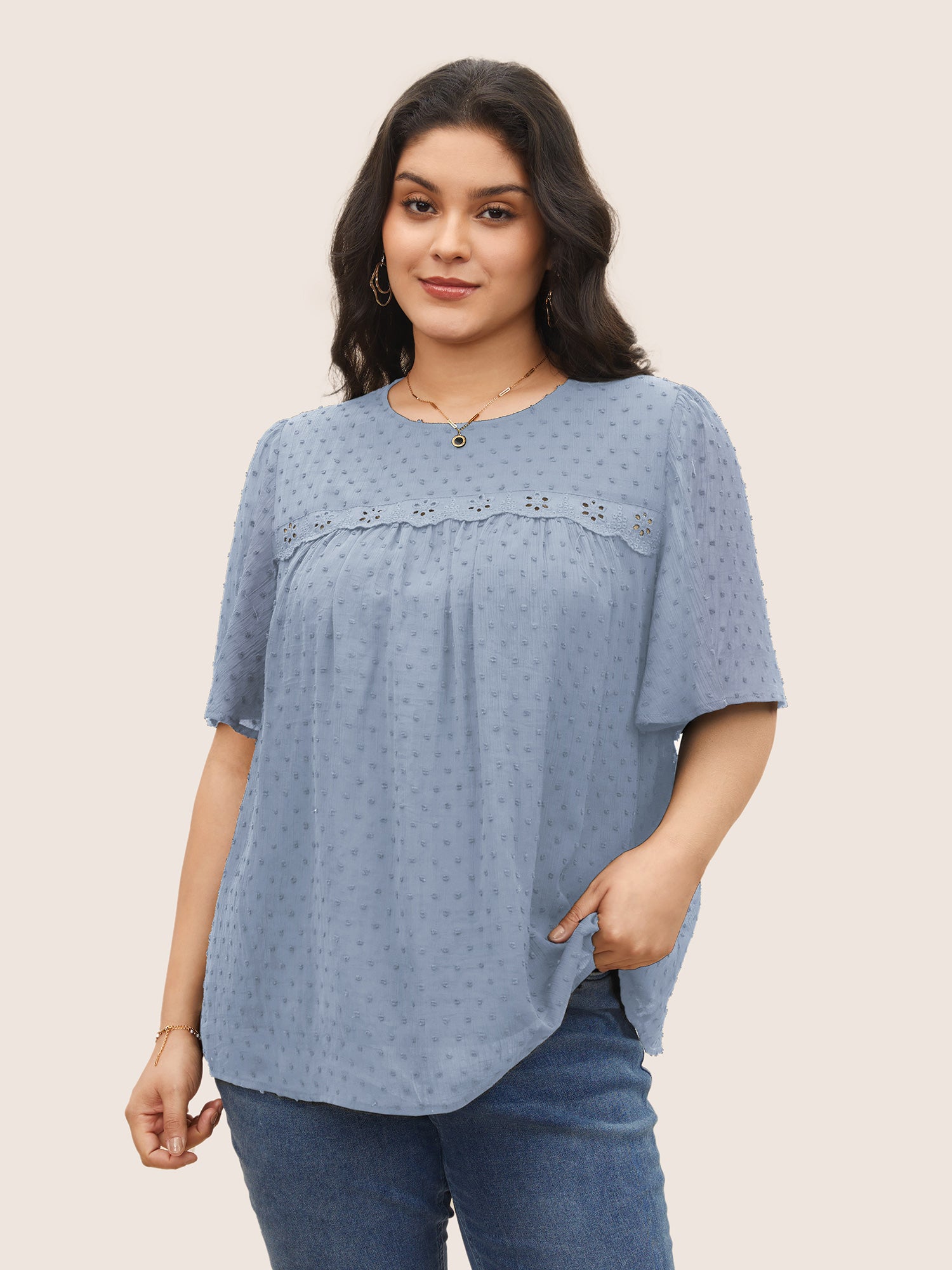 Solid Texture Lace Trim See Through Gathered Blouse