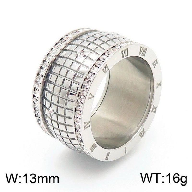 Lady Roman Numeral Titanium Steel Rhinestones 18K Gold Plated Inlay Rings