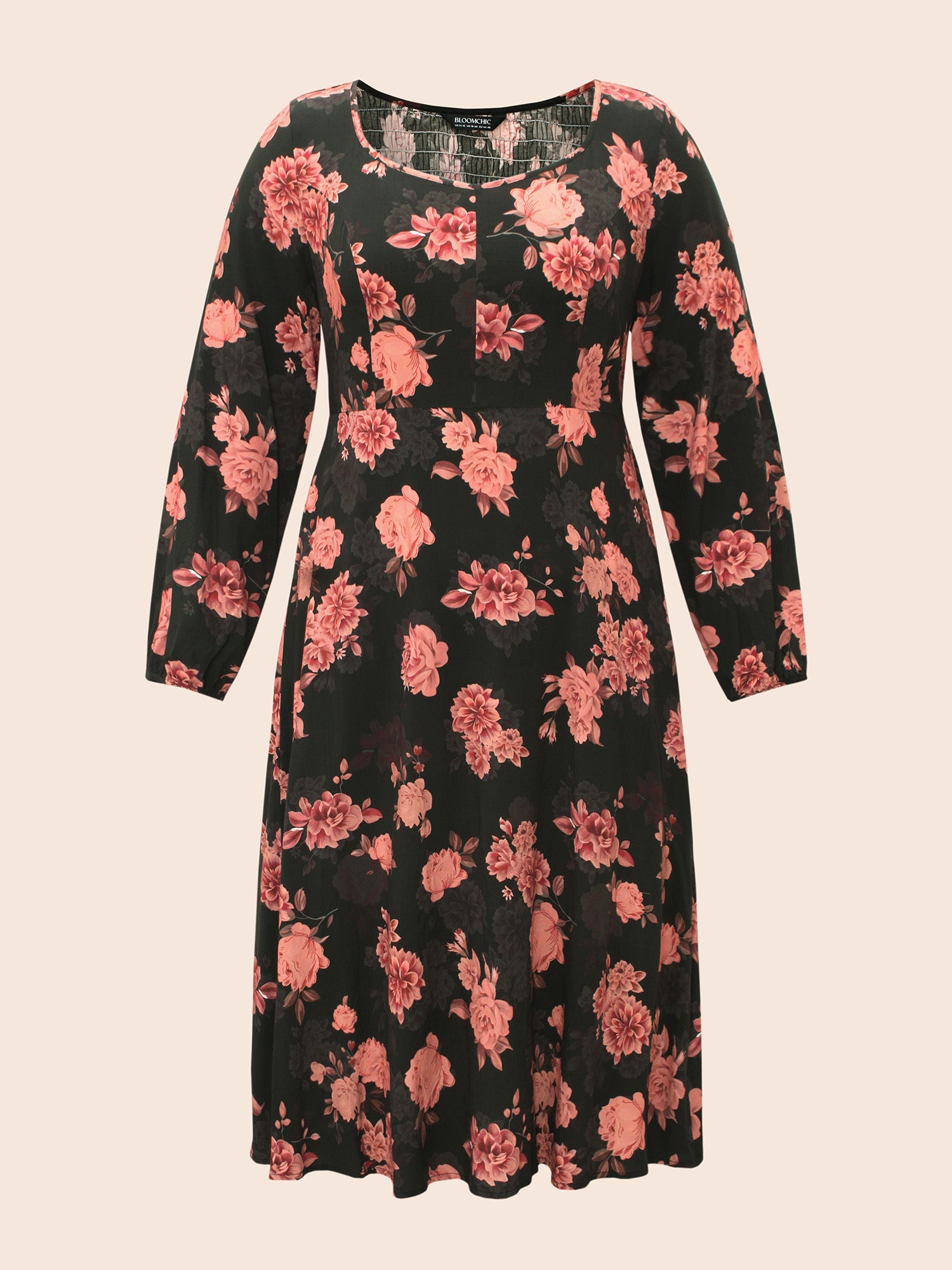 Floral Lantern Sleeve Shirred Pocket Dress