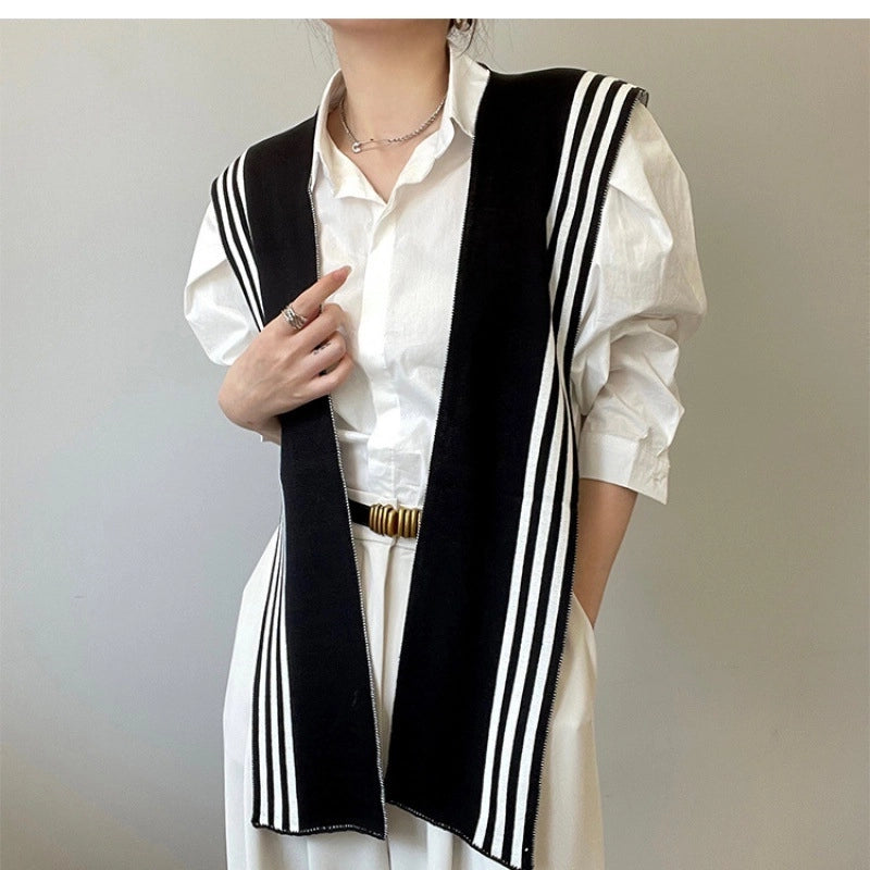High-grade Internet-famous Small Shawl Women's Black And White Striped Outer Shirt Spring And Autumn Knitted Fake Collar Warm Shoulder For Air-conditioned Room