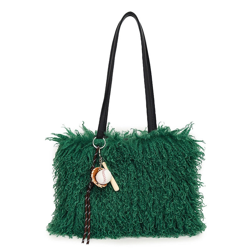 Women's Plush Solid Color Streetwear Sewing Thread Square Magnetic Buckle Shoulder Bag
