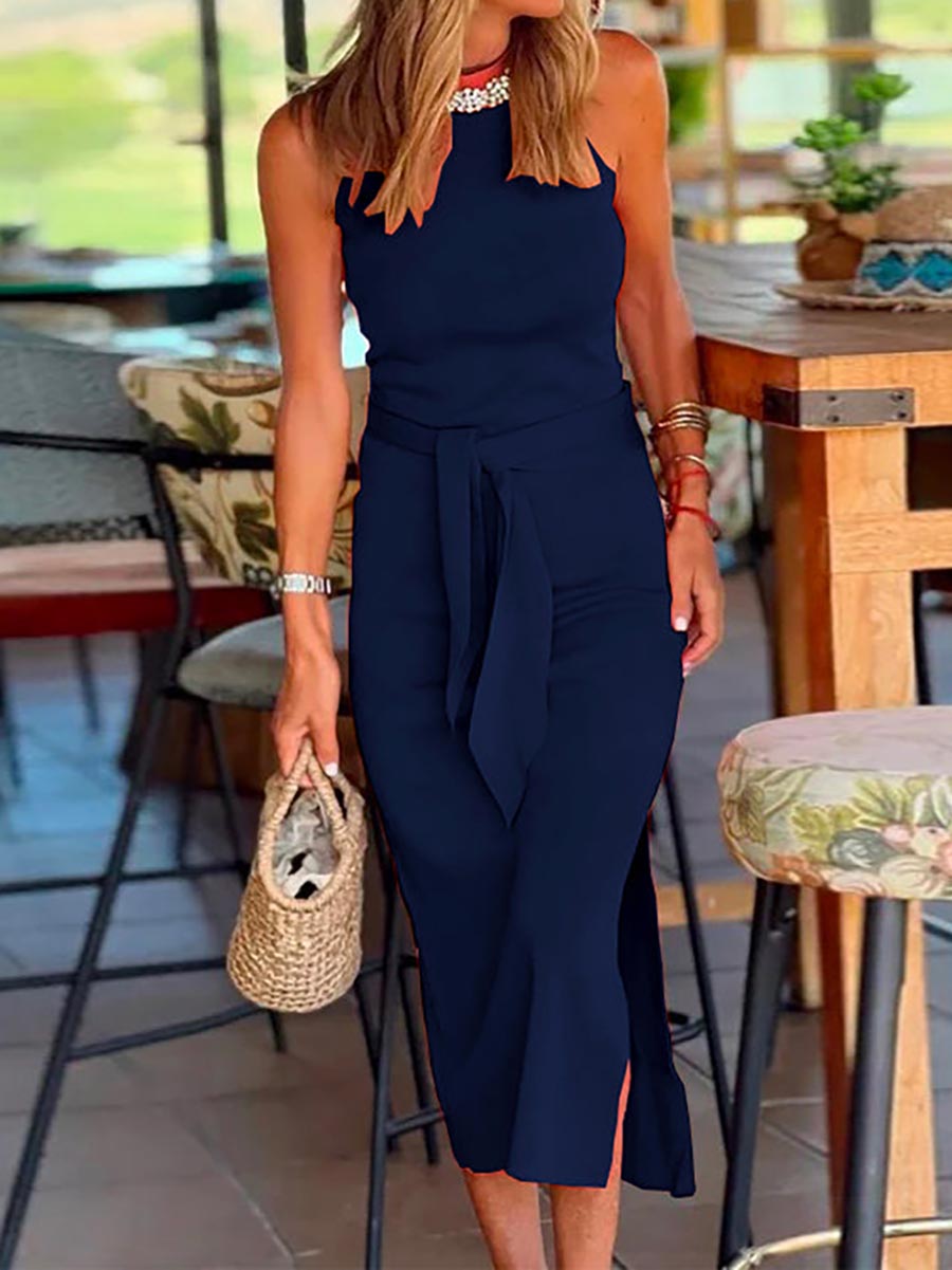 Halter Sleeveless Tie Waist Side Split Dress