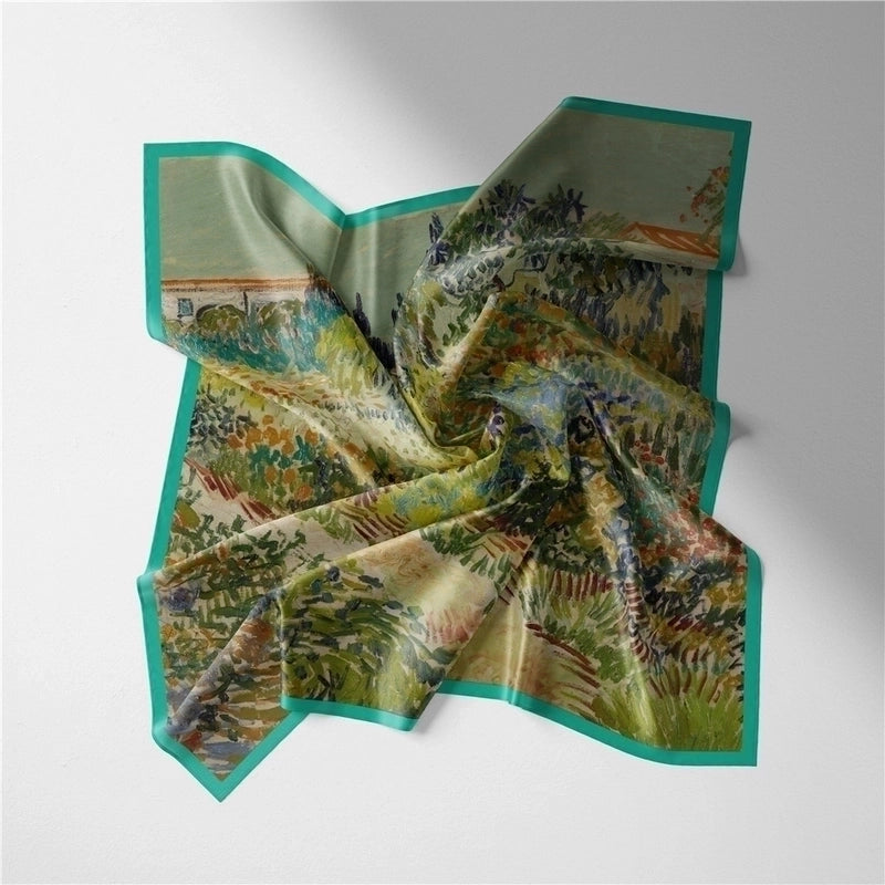 53cm New Van Gogh Oil Painting Series Green Flower Garden Path Twill Small Scarf Silk Scarf