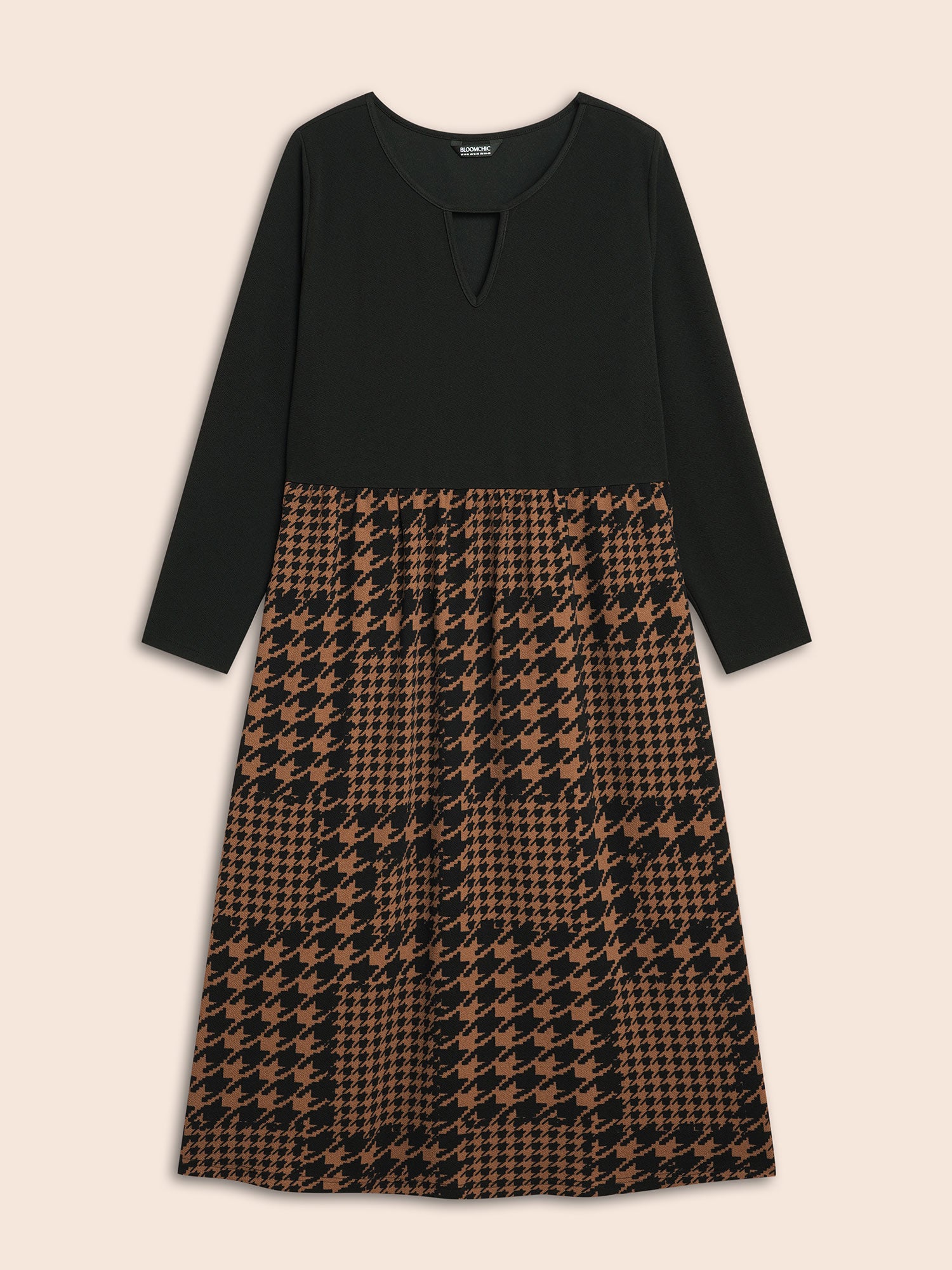 Houndstooth Patchwork Cut Out Midi Dress