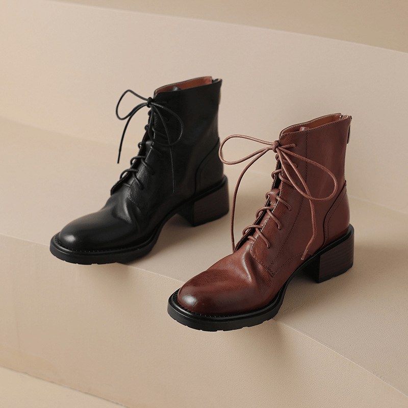 Women's Handmade Cowhide Lace-Up Zipper Martin Boots with Mid Heel Black/Brown