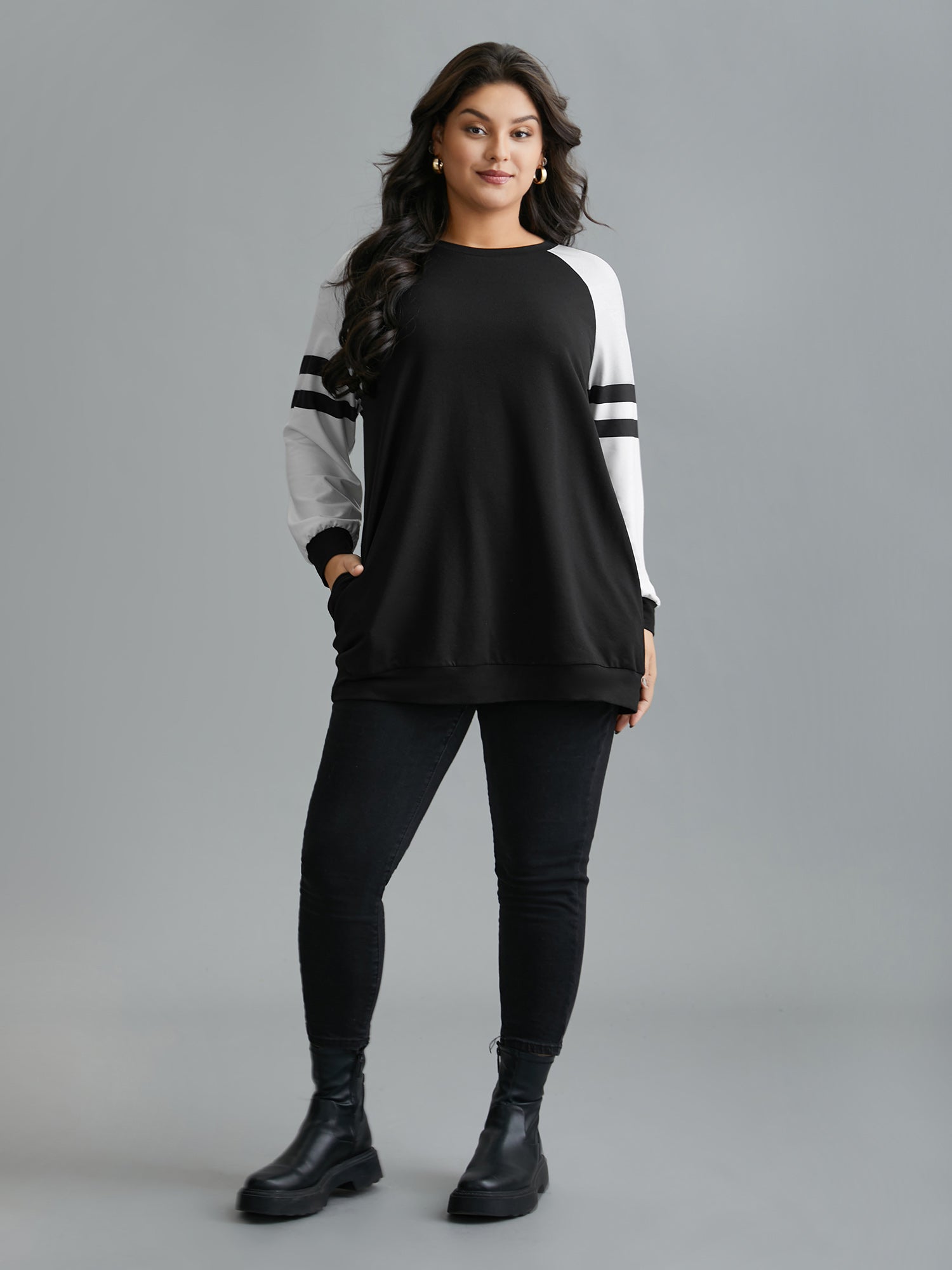 Color Block Raglan Sleeve Stretchy Sweatshirt