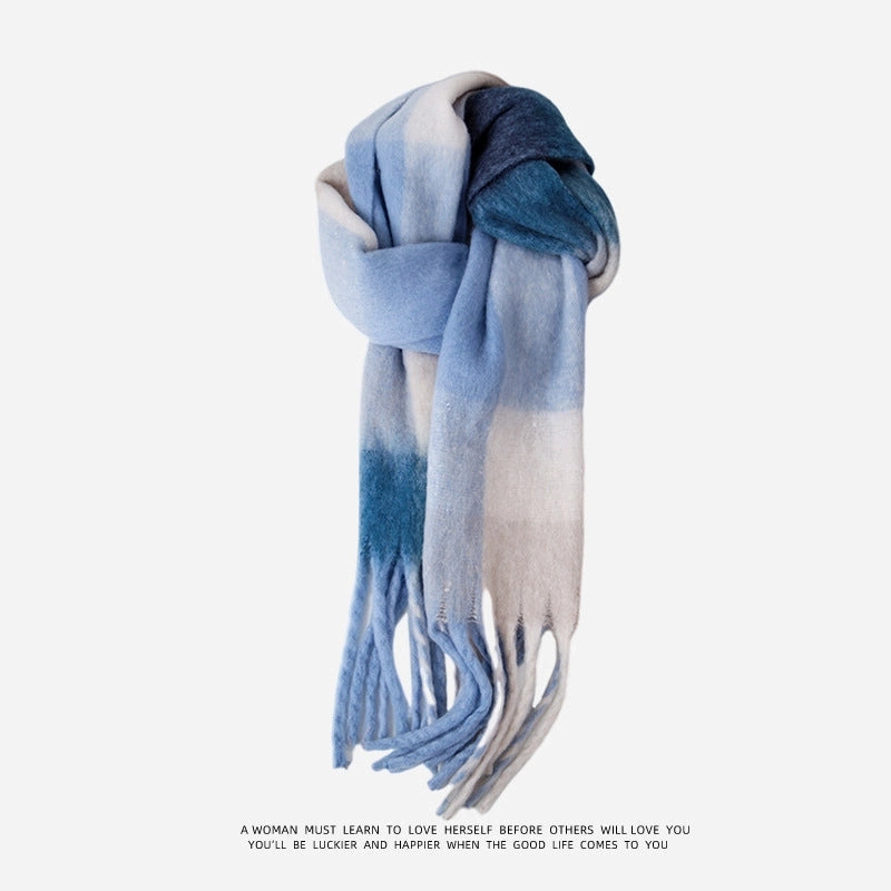 Blue Plaid Student Warm Big Scarf Women's Winter New Versatile  Shawl Outer Wear Dual-use Scarf