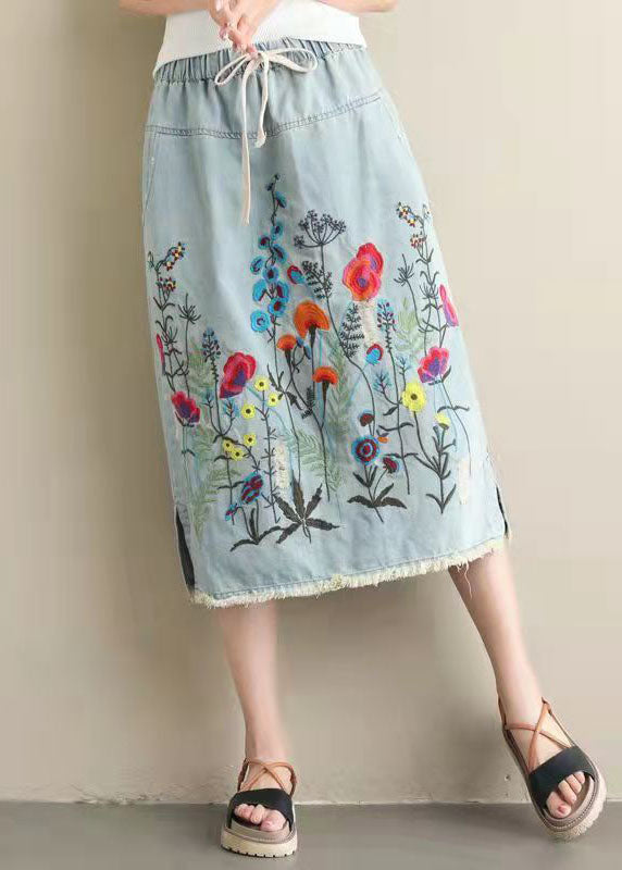 Women Light Blue Embroidered Pockets A-Line Summer Denim Skirts