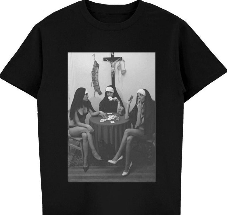 Nuns Naked Playing Cards Smoking Tee