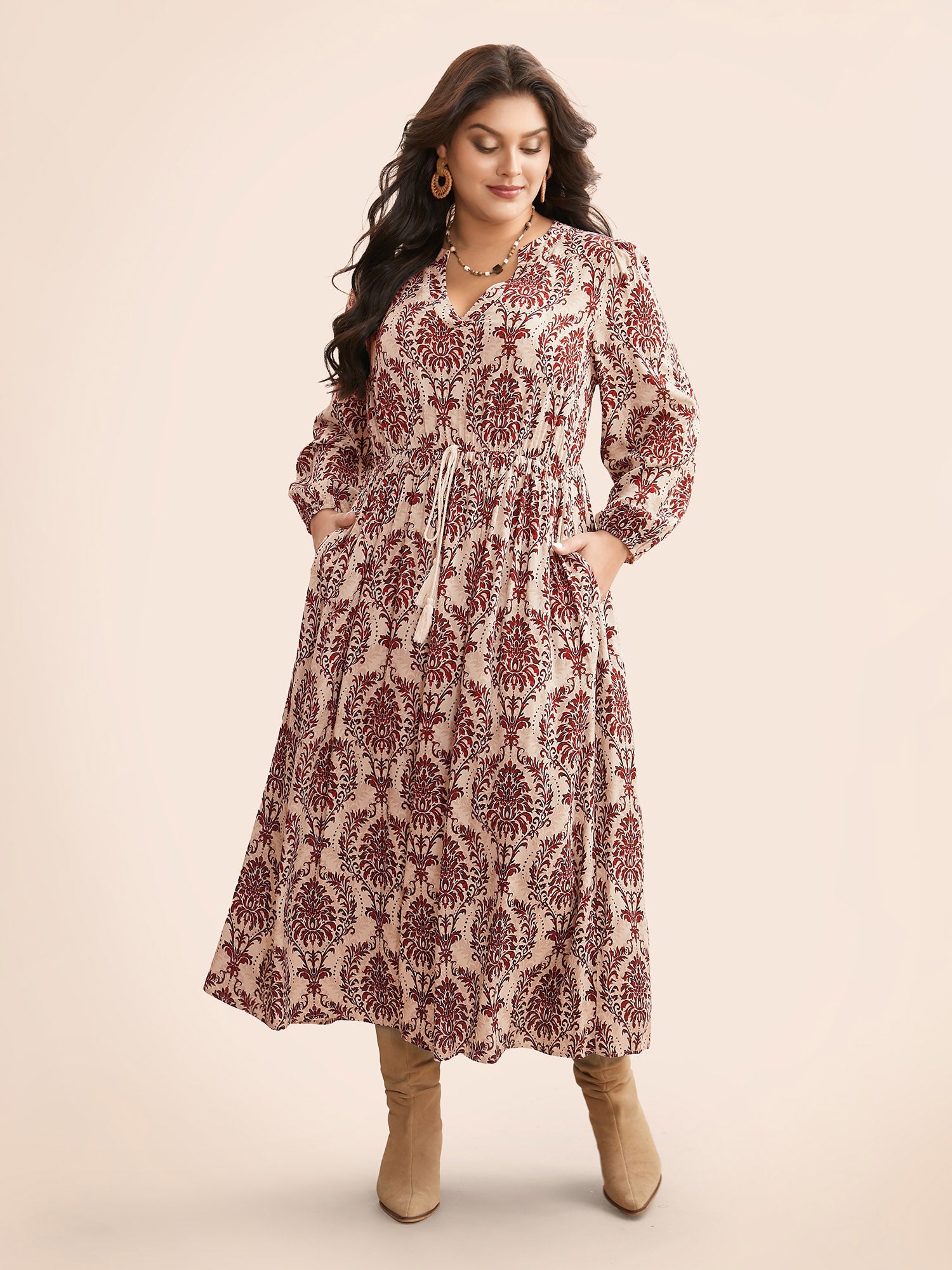 Boho Print Notched Tie Knot Maxi Dress