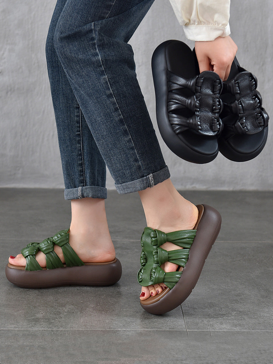 Women Summer Casual Leather Weave Platform Slippers