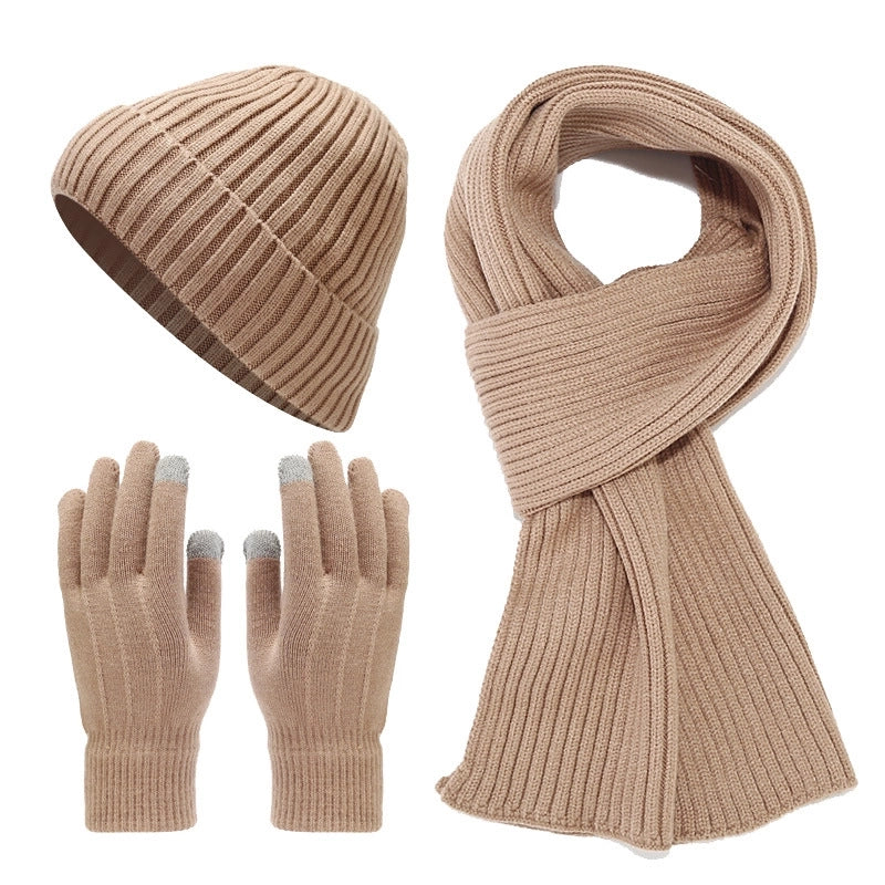 Autumn And Winter New Fleece-lined Warm Men's Hat Scarf Gloves Cold-proof Suit Women's Trendy Thickened Knitted Three-piece Set