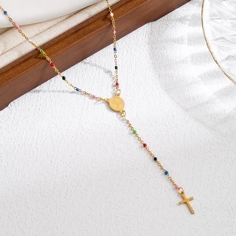 3 Pieces Elegant Classical Cross Virgin Mary Priest Stainless Steel Beaded Plating 18k Gold Plated Necklace