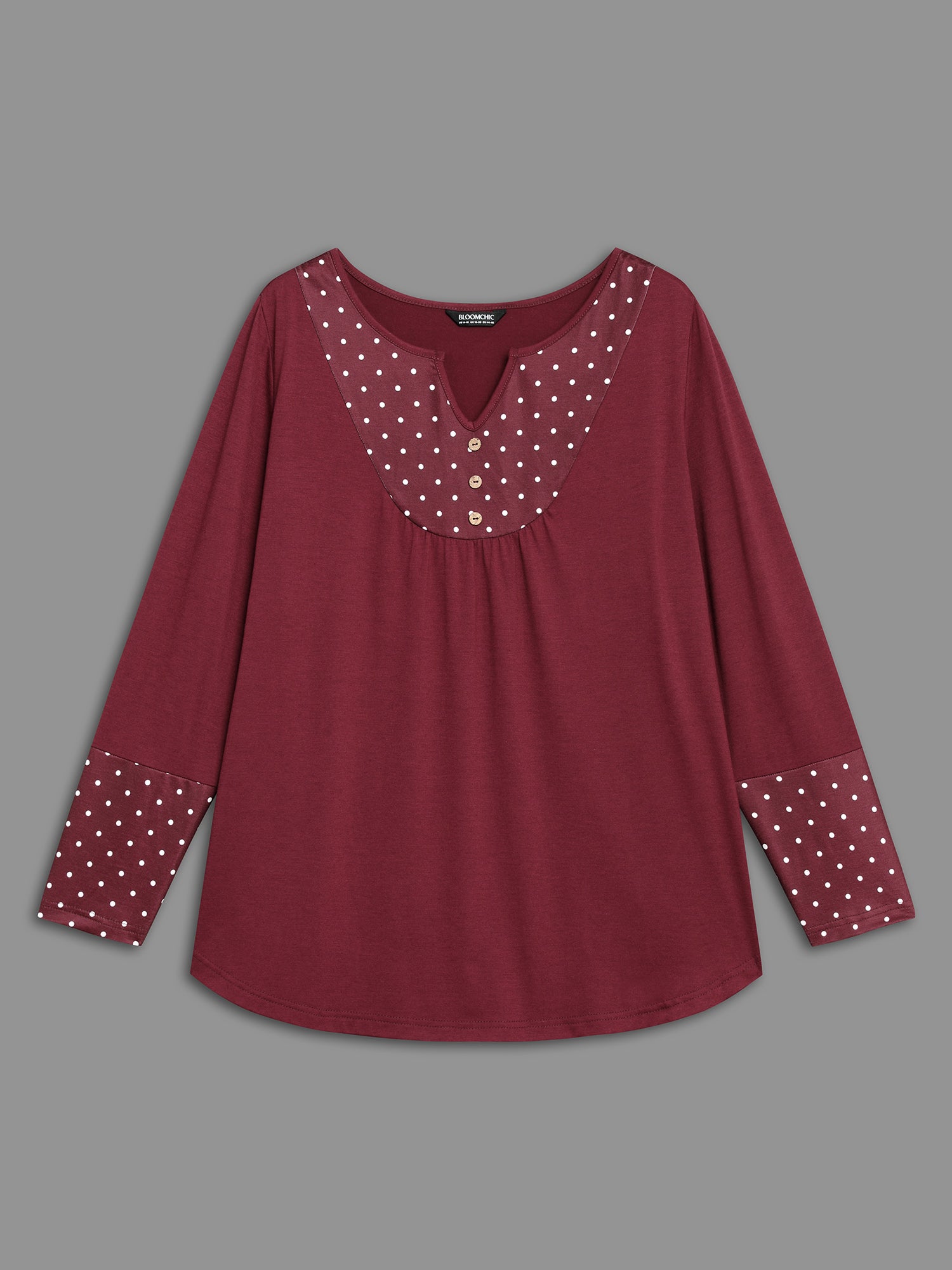 Notched Button Detail Polka Dot Patchwork T-shirt